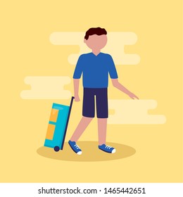 young man with suitcase vacations - people and travel vector illustration