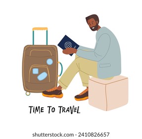 Joven con maletas sentada esperando la salida. Hombre viajando con pasaporte. Ropa casual turística. Ilustración vectorial plana de color sobre fondo blanco. Concepto de vacaciones o viaje de negocios