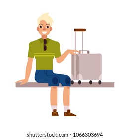 Young man in summer clothing with silver travel suitcase, plastic bag sitting waiting for flight smiling. Happy male character, traveller, tourist going to vacation. Vector illustration