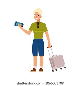 Young man in summer clothing with silver travel suitcase, plastic bag holding airplane tickets smiling. Happy male character, traveller, tourist going to vacation. Vector illustration