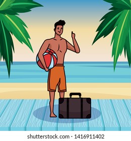 Young man in summer time with beach ball and suitcase cartoon on beach scenery background vector illustration graphic design