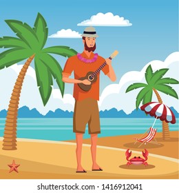 Young man in summer time playing guitar in beach at sunny day scenery vector illustration