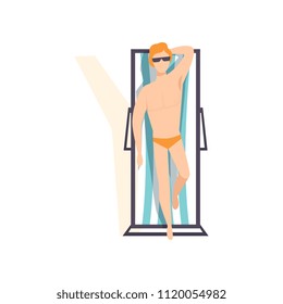Young man sunbathing on the beach, top view of lying guy vector Illustration on a white background