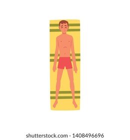 Young Man Sunbathing on Beach Towel, Top View of Lying Guy in Red Shorts Vector Illustration