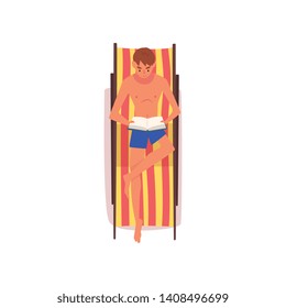 Young Man Sunbathing on Beach Towel, Top View of Lying Guy in Blue Shorts Vector Illustration