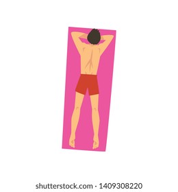 Young Man Sunbathing on Beach Towel, Man in Red Shorts Lying on His Stomach, Top View Vector Illustration