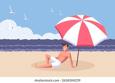 Young man sunbathing on the beach under an umbrella.  Summer time, vacation concept. Travel illustration.