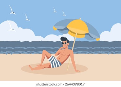 Young man sunbathing on the beach under an umbrella. Summer time, vacation concept. Travel illustration.