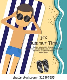 Young man sunbathing on the beach , summer concept , vector illustration
