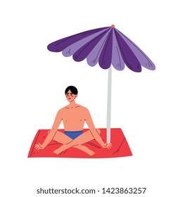 Young Man Sunbathing on his Towel Under Sunshade Parasol, Guy Relaxing on Beach on Summer Vacation Vector Illustration