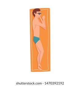 Young Man Sunbathing and Relaxing on Beach, Guy Enjoying Summer Vacation Vector Illustration