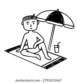 young man sunbathing under beach umbrella with cold drink