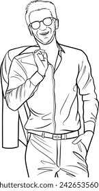 young man with sunglasses and blazer outline illustration