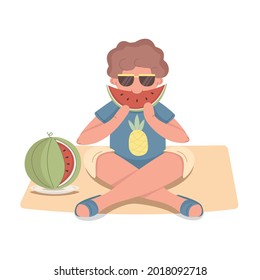 Young man in sunglasses enjoying and eating watermelon on white background. Summer vacation concept. Vector flat illustration.