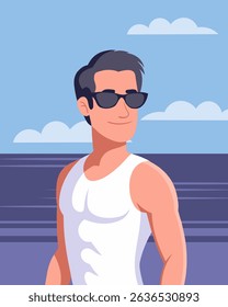 Young man with sunglasses enjoying the sun at the beach. Summer time, vacation concept. Travel illustration.