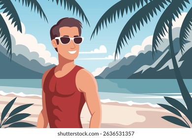 Young man with sunglasses enjoying the sun at the beach. Summer time, vacation concept. Travel illustration.