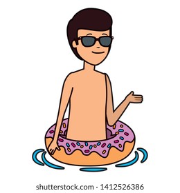 young man with sunglasses and float donut