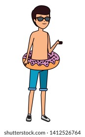 young man with sunglasses and float donut