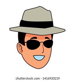 Young man with sunglasses and hat face cartoon vector illustration