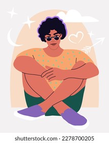 Young man in sunglasses sitting crossed legs. Male portrait in retro futuristic style.
