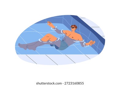 Young man in sunglasses is sunbathing on water on summer vacation. Happy boy has fun, gets sun tan, floating in swimming pool on holidays. Flat isolated vector illustration on white background