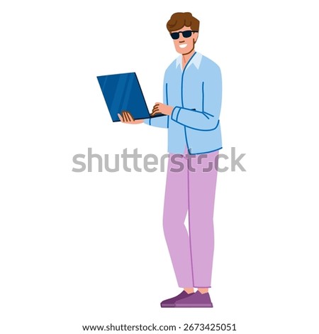 Young man with sunglasses is using a laptop, enjoying the flexibility of working remotely from any location, embracing the digital nomad lifestyle