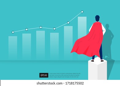Young man in superhero costume representing power and courage design concept. Businessman ambition to be success in business. Vector graphic illustration