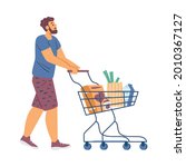 Young man at supermarket with shop cart full food products. Male shopper buy of groceries at retail store. Flat cartoon vector illustration isolated on white.