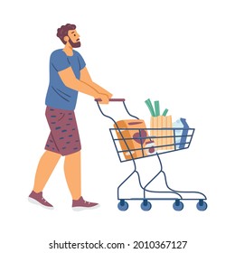 Young Man At Supermarket With Shop Cart Full Food Products. Male Shopper Buy Of Groceries At Retail Store. Flat Cartoon Vector Illustration Isolated On White.