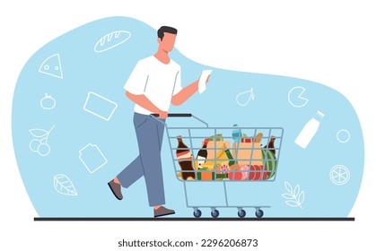 Young man in supermarket with shopping list and cart full of groceries. Modern male character with trolley and list, buying food in mall, cartoon flat isolated illustration. Vector concept