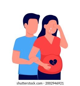 Young man support crying pregnancy woman. Couple family in depressed, waiting miscarriage. Failed birth of child. Husband care and help about wife. Vector illustration