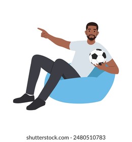 Junger Mann Support Fußball Sportteam halten Fußball Ball TV live. Flache Vektorillustration isoliert auf weißem Hintergrund