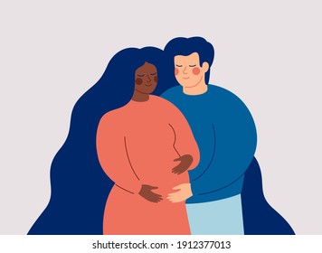 Young man supports and cares his black pregnant woman. The husband embraces his wife expecting a baby. Family concept. Vector illustration