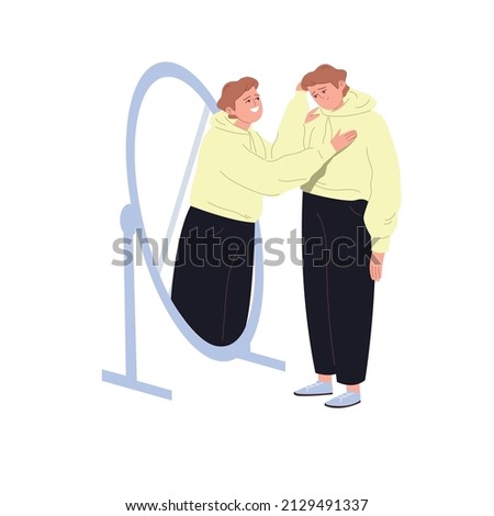 The young man supports himself. Positive perception of failures in life. The guy looks in the mirror. Positive affirmations. Psychological support. Cartoon illustration on an isolated white background