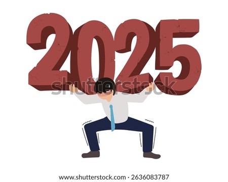 A young man supports the red 3D letters of 2025, which are about to collapse.