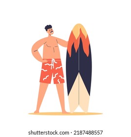 Young man with surfboard. Guy in shorts holding surf board. Male surfer enjoy summer activity during sea vacation. Surfing on holidays concept. Cartoon flat vector illustration