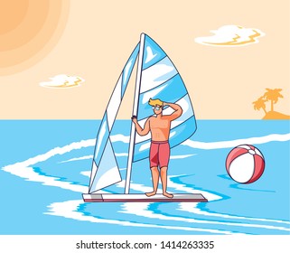 young man in surfboard in sea summer scene