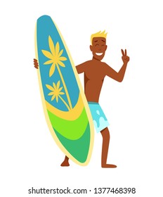 Young man surfboarder with cool surfboard vector illustration.