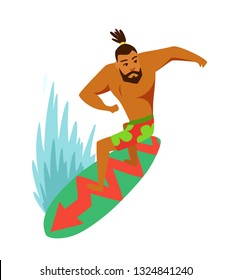 Young man surfboarder riding a surfboard in the wave vector illustartion.