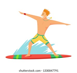 Young man surfboarder riding a surfboard in the wave vector illustartion.