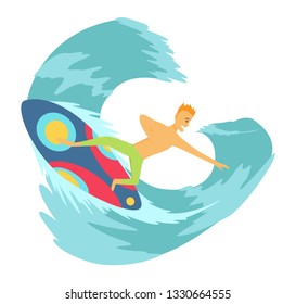 Young man surfboarder riding a surfboard in the wave vector illustartion.