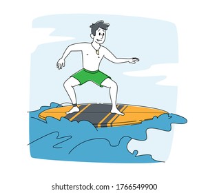 Young Man Surfer Character in Swim Wear Riding Big Sea Wave on Board. Summertime Activity, Healthy Lifestyle, Vacation Leisure in Exotic Country Surfing Recreation in Ocean. Linear Vector Illustration