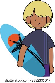 Young man surfer holding a surfboard. Hand drawing cartoon.