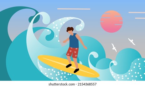 Young man surfer standing on surfboard among high sea waves