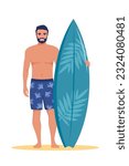 Young man surfer with surfboard standing on the beach. Smiling surfer guy. Vector illustration