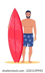Young man surfer with surfboard standing on the beach. Smiling surfer guy. Vector illustration
