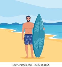 Young man surfer with surfboard standing on the beach. Smiling surfer guy. Vector illustration