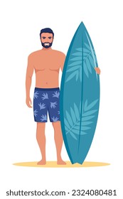 Young man surfer with surfboard standing on the beach. Smiling surfer guy. Vector illustration