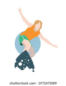 Young Man Surfer Surfing A Wave On His Surfboard And Wearing Summer Clothes. View From Below. Sports, Water, Ocean. Flat Style Vector Illustration.