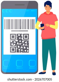 Junge Menschen surfen im Internet und kommunizieren per Telefon. Person verbringt Zeit mit Smartphone auf weißem Hintergrund. Konzept der Nutzung des Internets und der modernen Geräte. Großes Telefon mit QR-Code auf Bildschirm